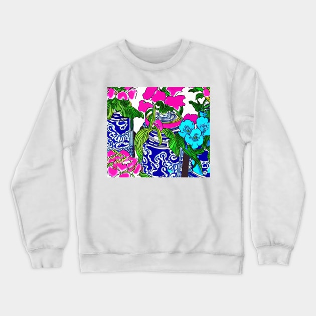 Blue and pink flowers in chinoiserie jars Crewneck Sweatshirt by SophieClimaArt